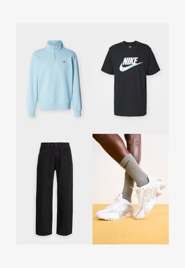Lyseblå langærmet pullover med en kvart lynlås og et lille rødt Levi's-logo på venstre bryst.; Nike Sportswear TEE FUTURA - T-shirts print - black; Sorte denim bukser med bred benlængde og høj talje, der har fem lommer og knaplukning. Stoffet har en glat tekstur og let stræk.; Nike sneakers i hvid med sølv accenter, der har teksturerede paneler og perforeringer. Sammen med grå ribbede sokker, sat mod en gul baggrund.