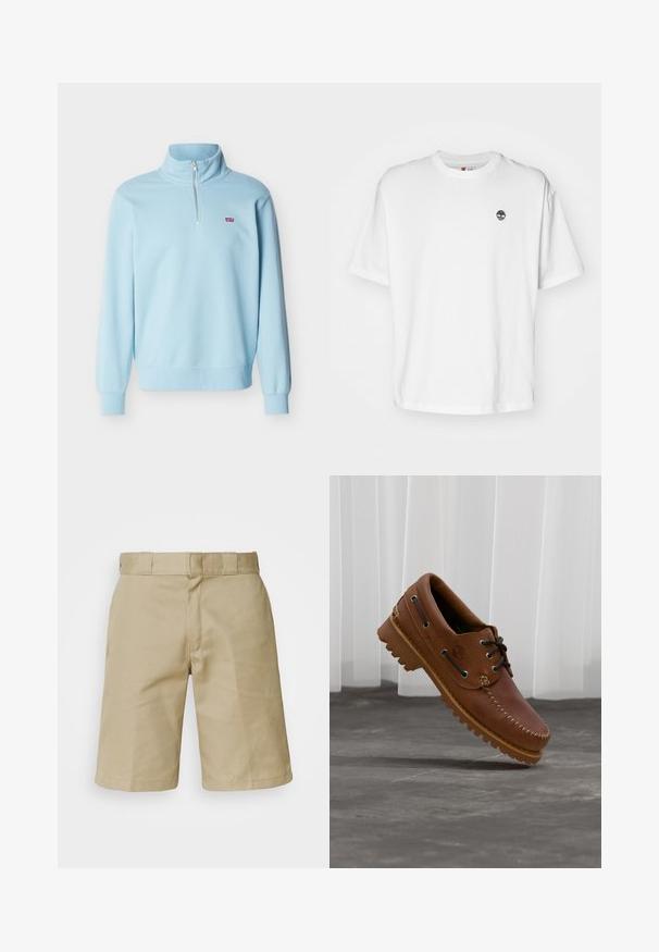 Pull-over bleu clair à manches longues avec une fermeture éclair d'un quart et un petit logo Levi's rouge sur le côté gauche de la poitrine.; T-shirt en coton blanc avec un col rond, des manches courtes et un petit logo d'arbre noir sur la poitrine gauche. Tissu doux, coupe décontractée.; Shorts khaki avec un design à l'avant plat, une taille cousue avec passants de ceinture et deux poches latérales. Fabriqués en tissu léger.; Chaussure de bateau en cuir marron avec des lacets noirs, des coutures beiges et une semelle robuste, suspendue au-dessus d'un sol en béton gris.