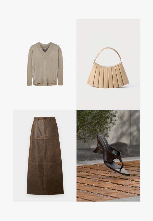 Beige langærmet V-hals sweater med ribbede manchetter og kant, med sideliner og let høj-lav kantdetalje.; Brun læder midi-nederdel med høj talje, frontlommer og en glat overflade med synlige syninger.; Brun Calvin Klein hælet thong sandal svævende over træflise og grus udendørs med sløret grønt og stenmur i baggrunden.; Beige plisseret håndtaske med buet toplynlås og enkelt buet håndtag, vist på hvid baggrund.