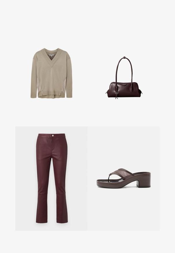 Pull en V beige à manches longues avec des poignets et un ourlet côtelés, mettant en avant des accents de panneaux latéraux et un léger détail d'ourlet asymétrique.; Pantalons en simili cuir bordeaux avec une coupe slim, ourlet évasé, poches latérales et fermeture à bouton en métal à la taille. Texture lisse.; Sandale marron à talon avec lanière en mesh et design en tige, dotée d'un talon bloc et d'une semelle cousue, présentée de profil sur fond blanc.; Sac à main en cuir brun foncé Calvin Klein avec de longues poignées doubles et un petit porte-clé logo suspendu à une poignée.