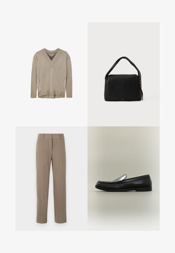 Beige langærmet V-hals sweater med ribbede manchetter og kant, med sideliner og let høj-lav kantdetalje.; Klassiske kaki bukser med lige ben, bæltestropper og lynlås foran på hvid baggrund.; Sort læder loafer med moc toe-syning, lav hæl og slip-on design mod en neutral baggrund.; Sort læderhåndtaske med en glat tekstur, rektangulær form og et rundt håndtag. Har en gylden lynlås og subtil branding på fronten.