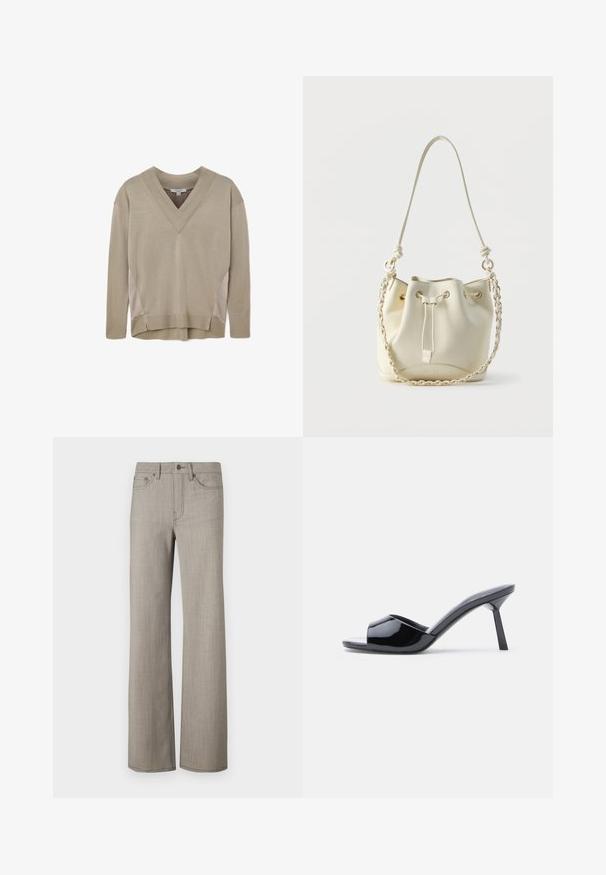 Suéter beige de manga larga y cuello en V con puños y dobladillo acanalados, que presenta detalles de paneles laterales y un ligero dobladillo asimétrico.; Pantalones de pierna ancha en un gris claro, con una tela texturizada y un acabado suave. Presenta un cierre de botón y un diseño de cinco bolsillos.; Sandalias de tacón con punta abierta de charol negro, con un diseño superior curvado y tacón de aguja cónico. Acabado liso y brillante.; Bolso bombonera de cuero crema con cierre de cordón, cadena trenzada y correa de cuero para el hombro, y ojales en tono dorado.