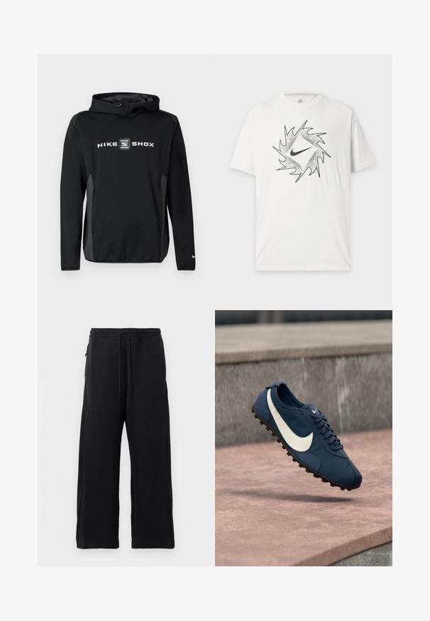 Sudadera con capucha Nike Shox negra con un logotipo gris en el frente, con capucha ajustable con cordón y mangas largas. Textura suave, ajuste atlético.; Camiseta blanca de manga corta Nike con un diseño circular abstracto en negro y el logo central Nike swoosh en el frente.; Pantalones de chándal negros hechos de una tela suave, con cintura elástica ajustable, diseño de pierna ancha y bolsillos laterales con una textura lisa.; Zapatilla deportiva azul de Nike con logo swoosh blanco, suela con tacos negros y cordones, suspendida sobre una superficie de piedra.