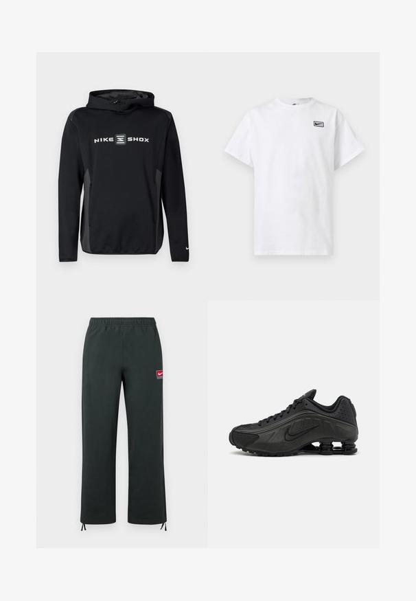 Čierna mikina Nike Shox so sivým logom na prednej strane, vybavená kapucňou so šnúrkou a dlhými rukávmi. Jemná textúra, športový strih.; Biele tričko s krátkym rukávom a okrúhlym výstrihom, s malým čiernym logom Nike swoosh v obdĺžniku na ľavej strane hrude.; Tmavozelené nohavice Nike s elastickým pásom, rovnými nohavicami, malou červeno-bielou nášivkou s logom Nike na stehne a nastaviteľnými sťahovacími šnúrkami na manžetách.; Čierne bežecké topánky s hladkým syntetickým zvrškom, perforovanými akcentmi, textúrovanými bočnými panelmi a výraznou pružnou podrážkou.