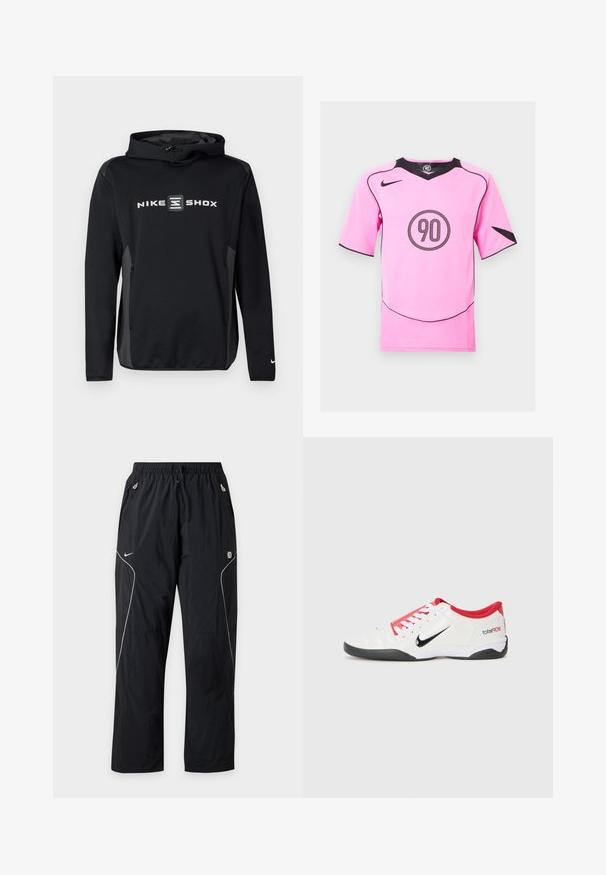 Must Nike Shoxi kapuutsiga pusa halli logoga esiküljel, millel on paelaga kapuuts ja pika varrukaga. Sile tekstuur, sportlik istuvus.; Roosa Nike jalgpallisaak, millel on mustad aktsendid ja ümar "90" logo keskel. Lühikesed varrukad, V-kaelus ja võrkkude külgedel.; Mustad Nike spordipüksid elastse vöökohaga, nööriga, külgedel lukuga taskud ja valgete helkurvolditud detailidega jalgadel.; Valge sportlik king, millel on punased aktsendid, must Swooshi logo ja tekstureeritud disain. Omab valgeid paelu ja musta tallat. Tekst "total90."