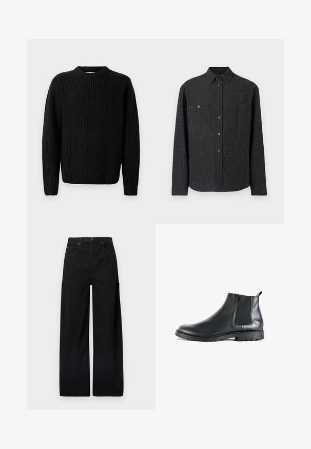 Sort strikket sweater med ribbet tekstur, rund halsudskæring og lange ærmer. Har en afslappet pasform med ribbede manchetter og kant.; Sort skjorte med knapper i tekstureret stof, to brystlommer og spids krave. Lange ærmer med knapmanchetter.; Sorte bukser med brede ben lavet af bomuldsdenim, med høj talje, to forlommer foran og en sidelomme med cargo-stil for ekstra funktionalitet.; Sorte læder ankelstøvler med en elastisk sidepanel, rund tå og en struktureret gummisål. Har en træktab bagpå.