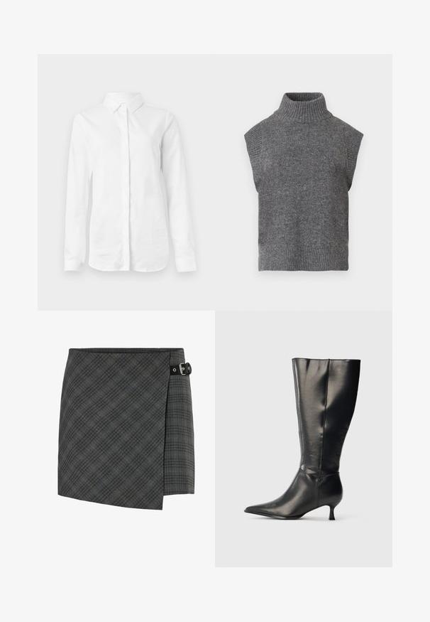 Grauer ärmelloser Strick-Turtleneck-Pullover mit gerippter Struktur, figurbetonter Silhouette und breitem, hohem Kragen. Schlichtes, vielseitiges Design ohne Muster.; Weißes Langarmhemd aus glattem Baumwollstoff. Verfügt über einen klassischen Kragen und eine durchgehende Knopfleiste mit geradem Saum und ohne Muster.; Dunkelgrau karierte Wollwickelrock mit schwarzem Schnallendetail auf der rechten Seite, geradem Saum und subtilen diagonalen Linienmuster.; Schwarzer kniehoher Lederstiefel mit spitzer Zehenpartie und niedrigem Kittenabsatz, präsentiert vor einem schlichten hellen Hintergrund.