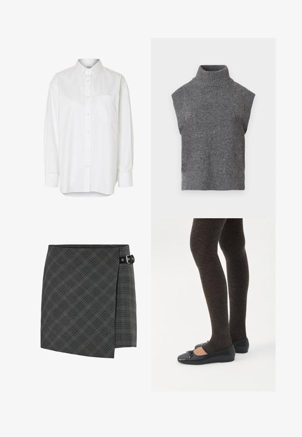 Grå ærmeløs strikket turtleneck sweater med ribbet tekstur, tætsiddende silhuet og bred, høj krave. Enkel, alsidig design uden mønstre.; Hvid langærmet skjorte med knapper, spids krave og brystlomme, vist mod en ensfarvet baggrund.; Mørkegrå ternet uld wrap nederdel med sort spænde detalje på højre side, lige kant og subtil diagonalt mønster.; Ben iført mørke ribbede leggings kombineret med sorte balletsko med små sløjfedetaljer på hvid baggrund.