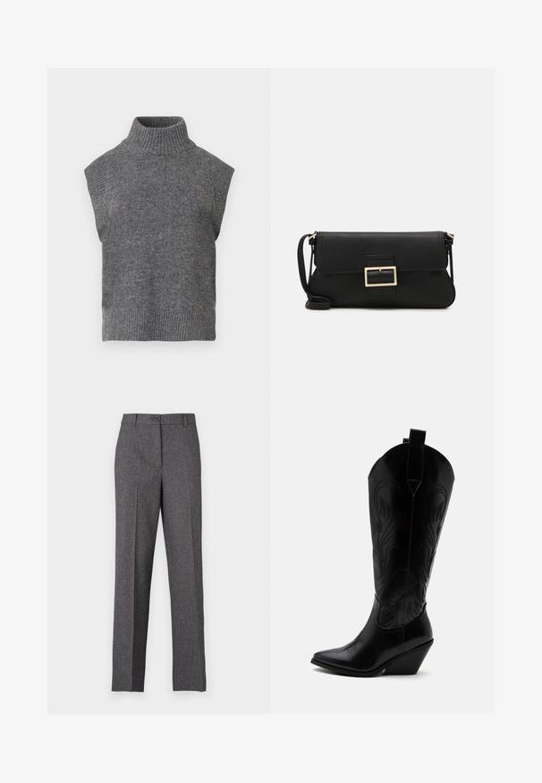 Grå ærmeløs strikket turtleneck sweater med ribbet tekstur, tætsiddende silhuet og bred, høj krave. Enkel, alsidig design uden mønstre.; JDY Wide-leg JDYBLOOM Tapered Fit - Bukser - black/white salt and pepper; Sort læder cowboystøvle med spidst tåparti, skråt blokhælhæl, dekorative sømme og trækstropper øverst mod hvid baggrund.; Sort læder clutchtaske med klap og detaljer i guldmetallisk spænde. Inkluderer en sort rem og et slankt, minimalistisk design.