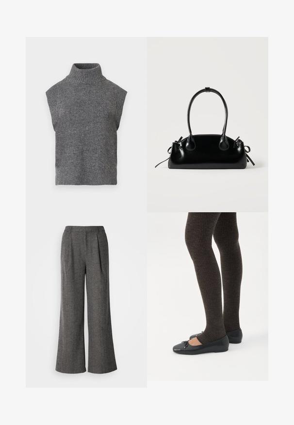 Grå ærmeløs strikket turtleneck sweater med ribbet tekstur, tætsiddende silhuet og bred, høj krave. Enkel, alsidig design uden mønstre.; Grå fiskebensmønstret bukser med bred ben, plisseret front, skræddersyet talje og glat tekstur, der har et rent, professionelt design.; Ben iført mørke ribbede leggings kombineret med sorte balletsko med små sløjfedetaljer på hvid baggrund.; Lille sort blank håndtaske med to lange håndtag og snøre-detaljer i siden på en ensfarvet lys baggrund.