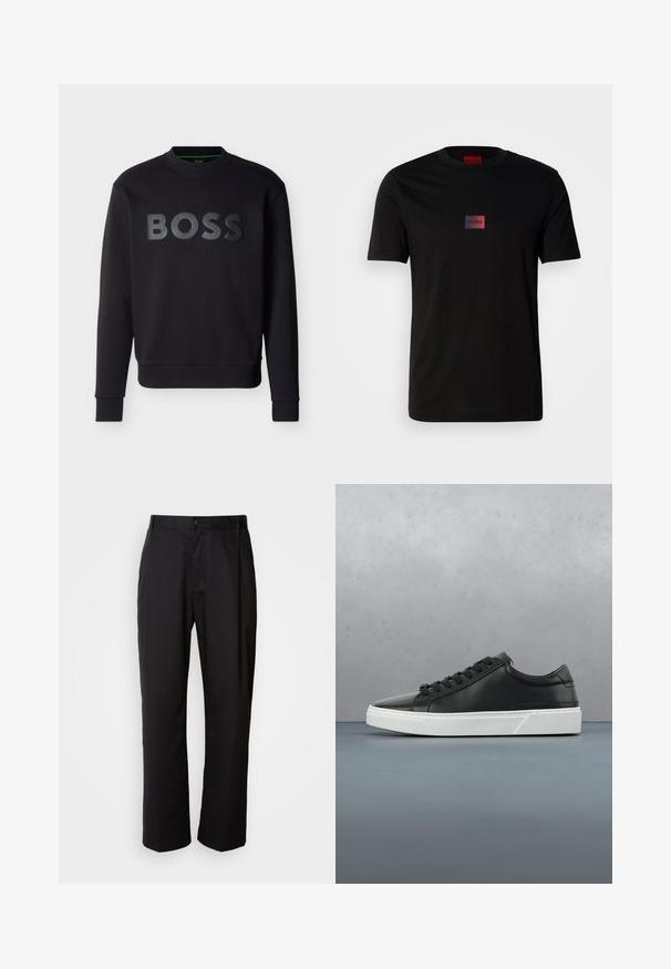 Zwart sweatshirt met lange mouwen en ronde hals, met een verhoogd zwart BOSS-logo in het midden aan de voorkant en geribbelde manchetten en zoom.; Zwart katoenen T-shirt met een klein rechthoekig logo in een zwarte en rode verloopkleur op de borst. Korte mouwen en een ronde hals.; Zwarte broek met een rechte snit, gemaakt van lichtgewicht stof. Heeft een frontale knoopsluiting en twee zijzakken; gladde textuur.; Zwarte leren sneaker met ronde neus, textuur op het oppervlak, witte rubberen zool en zwarte veters. Minimalistisch ontwerp met een slanke uitstraling.