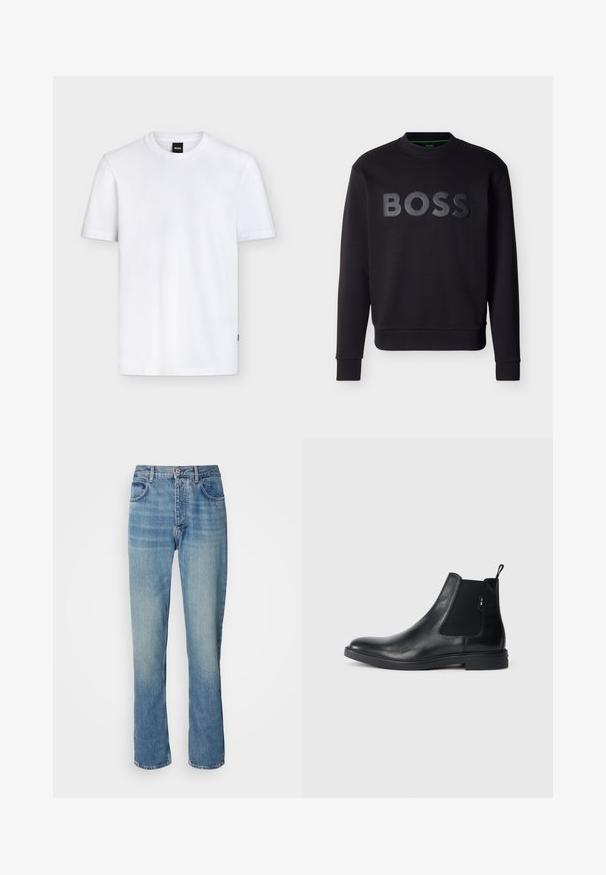 Schwarzes Sweatshirt mit langen Ärmeln und Rundhalsausschnitt, mit erhabenem schwarzem BOSS-Logo mittig auf der Vorderseite sowie gerippten Bündchen und Saum.; Schlichtes weißes T-Shirt mit kurzen Ärmeln und Rundhalsausschnitt, mit einem kleinen schwarzen Markenetikett am Kragen und dezenter Stoffstruktur.; Helle blaue, gerade geschnittene Denim-Jeans mit hoher Taille, vorderem Knopf, Reißverschluss und Fünf-Taschen-Design.; Schwarze Leder Chelsea-Boots mit elastischen seitlichen Einsätzen, einer Zugschlaufe und einer flachen Gummisohle. Glatte Textur mit minimaler Ausgestaltung.