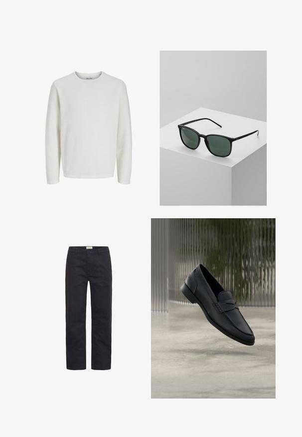 Hvid, langærmet sweater lavet af struktureret stof med rund halsudskæring og ribbede kanter. Blødt, let materiale.; Sorte bomuldsbukser med lige ben-design, der har en frontlukning med knap, bæltestropper og minimal dekoration.; Sort læderloafer med glat finish, spids tå og sømdetaljer over vristen. Lav hæl og minimalistisk design.; Sorte rektangulære solbriller med mørkegrønne linser, udstyret med en let plastisk stel og sølvdetaljer på stængerne.
