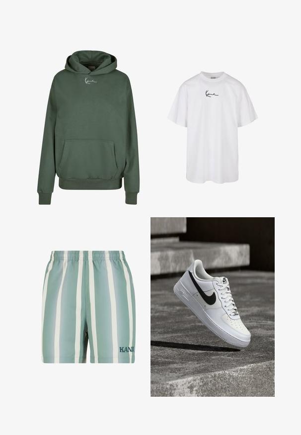 Sudadera con capucha verde, hecha de tejido suave, que cuenta con un bolsillo frontal, puños acanalados y un logotipo blanco en el pecho.; Camiseta de algodón blanca con escote redondo y mangas cortas, con un logotipo bordado en negro centrado en el pecho.; Bañadores de color verde menta con rayas verticales blancas. Cuentan con una cintura elástica y un logo bordado de 'KANI' en verde oscuro. Textura suave.; Zapatilla blanca Nike Air Force 1 con el logo Swoosh negro, cordones atados, posicionada en el aire sobre una superficie de concreto texturizado al aire libre.