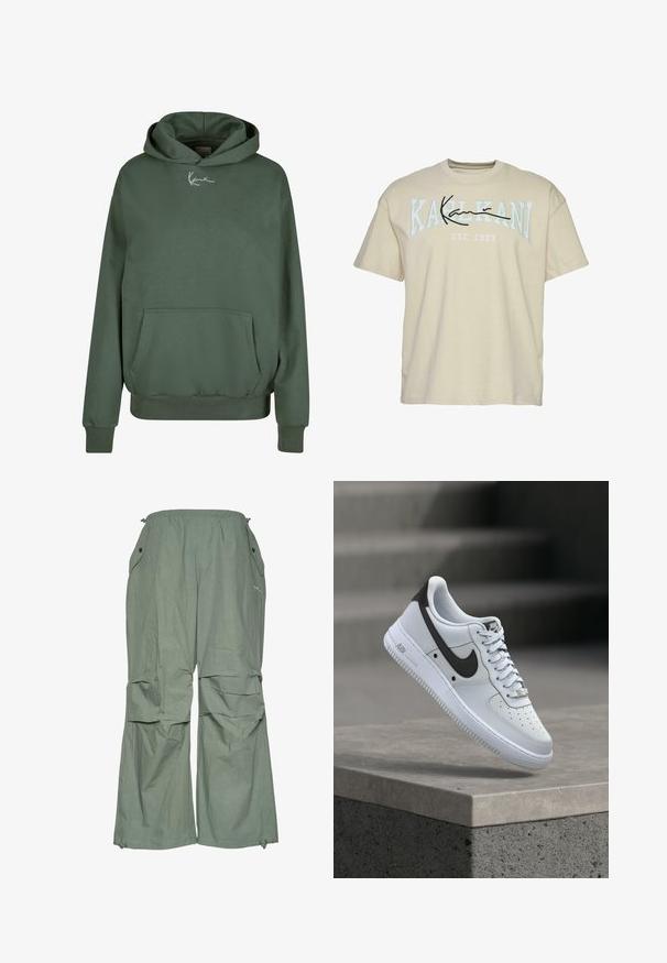 Grüne Kapuzen-Sweatjacke aus weichem Material, mit einer Fronttasche, gerippten Bündchen und einem weißen Logo auf der Brust.; Beige Baumwoll-T-Shirt mit Rundhalsausschnitt, mit dem Schriftzug "KARL KANI" in Blau und Schwarz über der Brust, etabliert 1989 darunter.; Hellgrüne, locker sitzende Cargo-Hosen mit einem Kordelzugbund, Seitentaschen und weitem Bein. Hergestellt aus leichtem Stoff mit einer zerknitterten Textur.; Weißer Nike Air Force 1 Sneaker mit schwarzem Swoosh-Logo, der über einer Betonvorsprung mit unscharfen Treppen im Hintergrund schwebt.