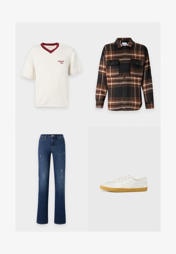 Cremefarvet kortærmet strik T-shirt med en maroon V-udskæring, med "Original Club" broderet på venstre side. Strukturert stof.; Jack & Jones Over Relaxed Fit - Skjorter - monks robe; ONLY ONLWAUW MID WAIST - Jeans Slim Fit - dark blue denim; Hvid lædersneaker med en glat tekstur, med en beige 'V'-logo, rund tå, snørelukning og en sål af gumgummi.