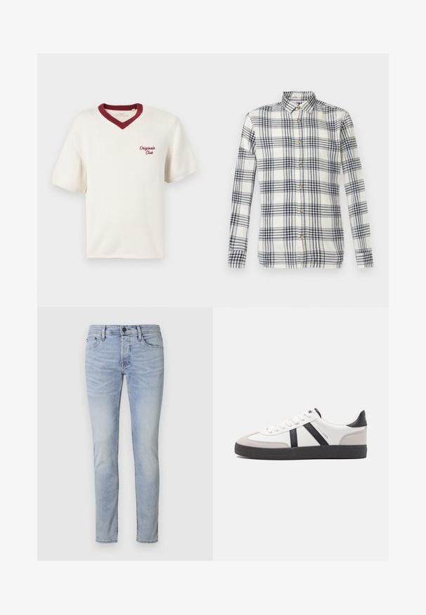 Cremefarbenes kurzärmliges Strick-T-Shirt mit einem maronenfarbenen V-Ausschnitt, auf der linken Seite mit "Original Club" bestickt. Texturiertes Material.; Langärmliges kariertes Hemd in Creme und Marineblau, aus strukturiertem Stoff, mit durchgehender Knopfleiste und klassischem Kragen.; Hellblaue Jeans im Slim-Fit-Stil mit einem Fünf-Taschen-Design und einem Reißverschluss. Sie weisen subtile Ausbleichungen und gestickte Details an den Nähten auf.; Weiße Sneaker mit schwarz- und grau-aczenten, ausgestattet mit einer strukturierten grauen Zehenkappe, schwarzer Gummi-Sohle und flachen weißen Schnürsenkeln. Sauberes Design, minimalistische Stil.