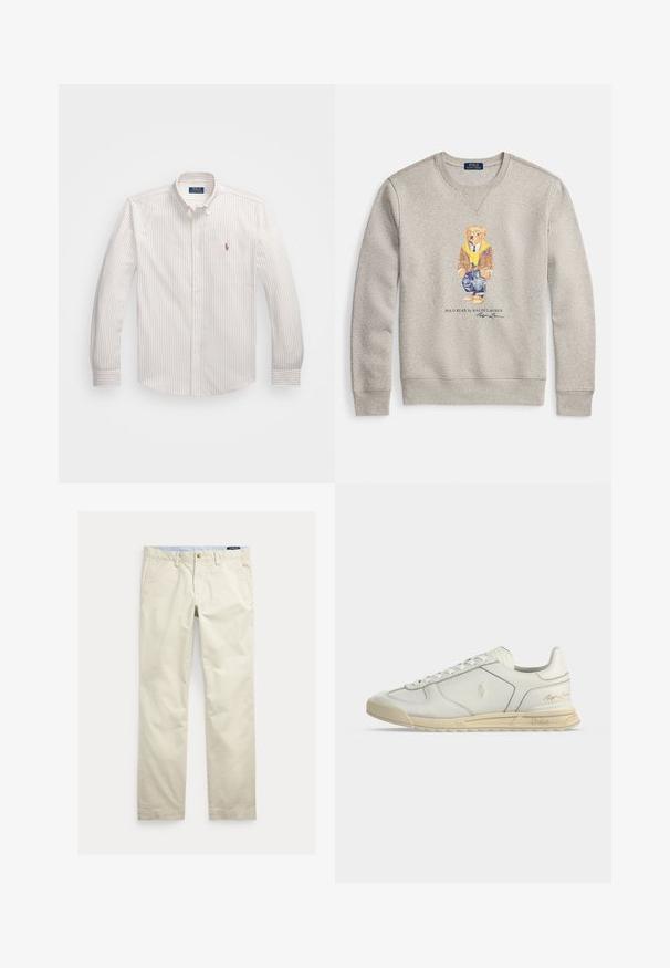 Sudadera gris con un gráfico de un oso con sudadera amarilla y chaqueta marrón, jeans de mezclilla y zapatos beige. Cuello redondo, textura suave.; Camisa blanca de botones con delgadas rayas verticales en un beige claro. Presenta un cuello clásico, mangas largas y un pequeño logotipo bordado en el pecho.; Pantalones de algodón beige de corte recto con trabillas para cinturón, botón frontal, cierre de cremallera y bolsillos laterales.; Zapatilla blanca de cuero de caña baja con suela beige, cierre de cordones delantero y logotipos de Polo Ralph Lauren en relieve en el lateral y el talón.