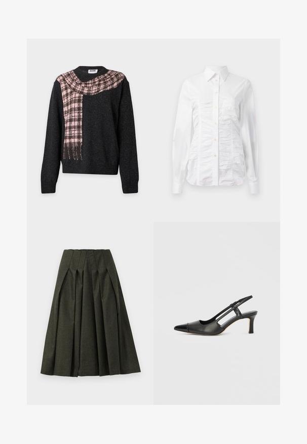Pull noir à manches longues avec un motif d'écharpe à carreaux rose et marron drapé en diagonale sur la poitrine et l'épaule.; Chemise blanche à manches longues avec un texture froncée sur le devant, petits boutons dorés et col standard.; Jupe plissée vert foncé en tissu texturé. Caractéristiques d'une taille haute et d'une silhouette évasée, avec des plis profonds pour plus de volume.; Chaussure à bride arrière en cuir noir avec bout pointu, dotée d'un accent brillant sur le bout et d'un talon de hauteur moyenne. Design latéral ouvert.