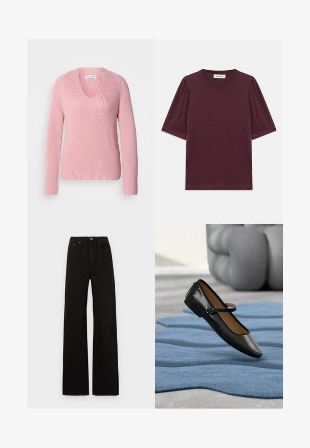 Pink, v-hals sweater lavet af ribbet strikstof. Har lange ærmer og en afslappet pasform. Glat tekstur med ribbede mønsterdetaljer.; Bordeaux kortærmet t-shirt med rund hals, blød tekstur og indsamlet detalje på skuldrene. Fremstillet af letvægtsmateriale.; Sorte breddebenede jeans lavet af solidt stof. Har en frontknaplukning, bælteløkker og to forlommer. Glat, ensartet tekstur.; Sort læder Mary Jane-sko med spænde, vist på et struktureret blåt tæppe, med en sløret grå tuftet sofa i baggrunden.