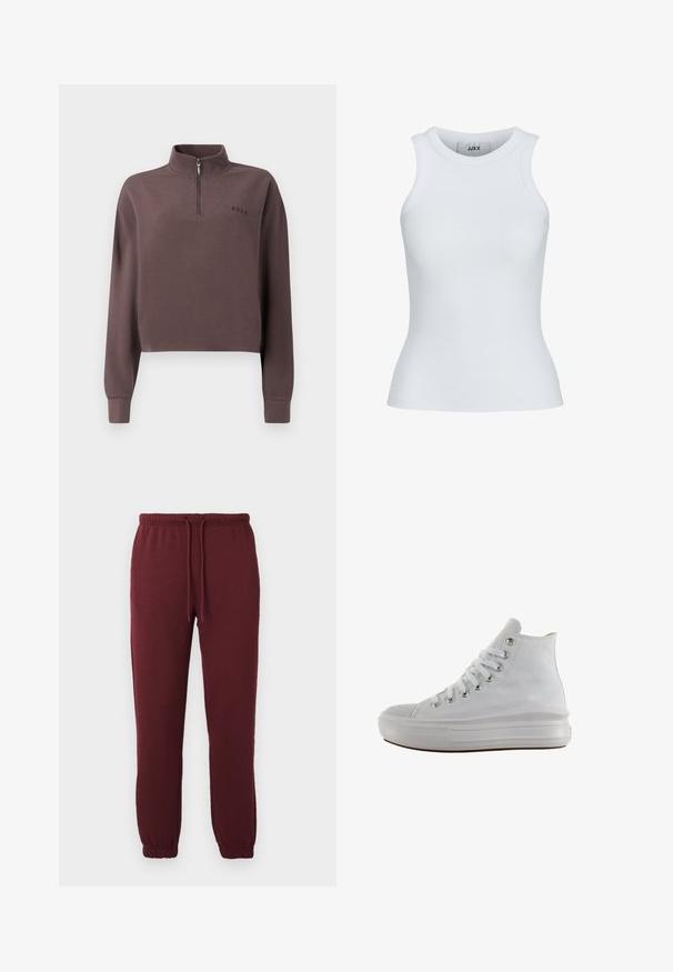 Geknipte, lang mouw pullover in donker mauve geribbeld materiaal met een kwart rits en een klein merkenlogo op de borst. Zachte textuur.; Witte geribde tanktop met een ronde halslijn en zonder mouwen. Heeft een slim fit en een zachte textuur, geschikt voor lagen.; Bordeaux joggerbroeken met elastische tailleband, trekkoord, zijzakken en elastische boorden op een effen witte achtergrond.; Witte hoge canvas sneaker met witte veters, metalen oogjes, dikke rubberen zool en gestructureerde neuskap, naar links gericht op een witte achtergrond.