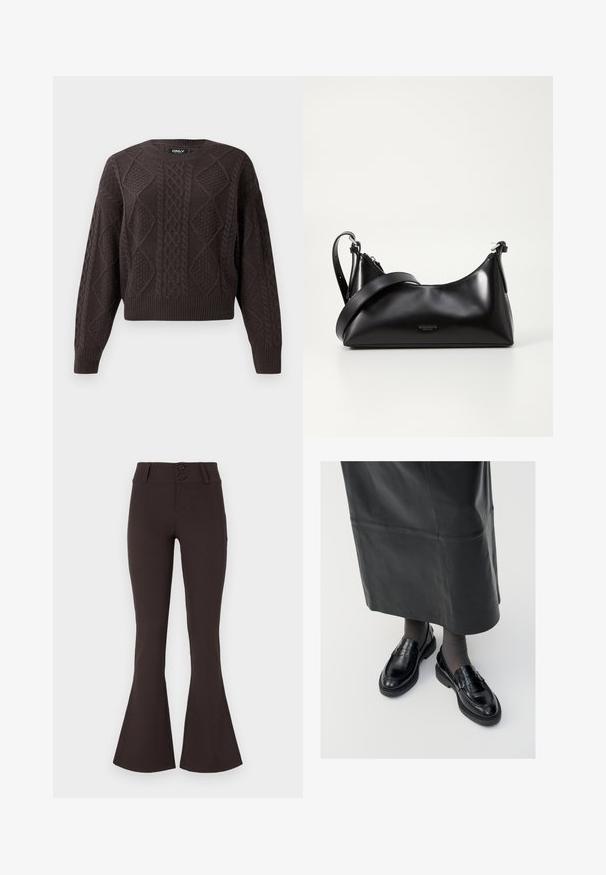 Mørkebrun kabelstrikket sweater med diamant- og fletmønstre, rund hals, samt ribbede manchetter og kant.; Brune flared bukser lavet af strækbart stof. Har høj talje med to knapper og en glat overflade. Ingen mønstre eller udsmykninger.; Sorte læder loafers med en glat finish, prydet med en dekorativ rem, rund tå og tekstureret sål. Båret med en lang sort læderskirt.; Sort læderhåndtaske med en glat tekstur. Har en justerbar stropp og et enkelt, minimalistisk design med lynlås.