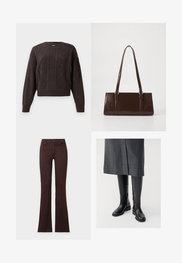 Dunkelbrauner Kabelstrickpullover mit Rauten- und Zopfmustern, Rundhalsausschnitt sowie gerippten Bündchen und Saum.; Dunkelbraune Bootcut-Jeans mit Knopf- und Reißverschluss, Vorder- und Gesäßtaschen, flach auf weißem Hintergrund dargestellt.; Knielange schwarze Lederstiefel mit glatter Textur, seitlichen Reißverschlüssen und flacher Sohle. Die Stiefel haben einen strukturierten Schaft und minimales Zubehör.; Braune Lackleder-Handtasche in rechteckiger Form, mit zwei langen Griffen und subtilen, geschwungenen Akzenten auf der Vorderseite.