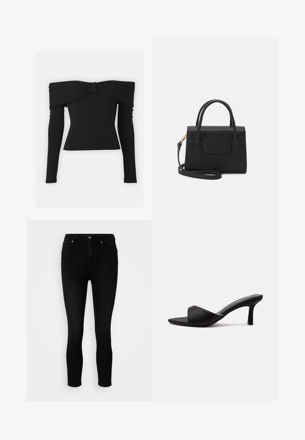 Sort off-shoulder top med en sløjfeaccent ved udskæringen, lange ærmer og en tætsiddende design i glat, strækbart stof.; ONLY Petite ONLPOWER MID PUSH UP - Jeans Skinny Fit - washed black; Sort åben-tå mule sko med en mellemhøj slank hæl og en bred rem over fronten, vist fra siden på en ensfarvet baggrund.; Sort struktureret håndtaske lavet af læder med et topgreb, aftagelig skulderrem og detalje med frontklap. Guldhardware accenter.