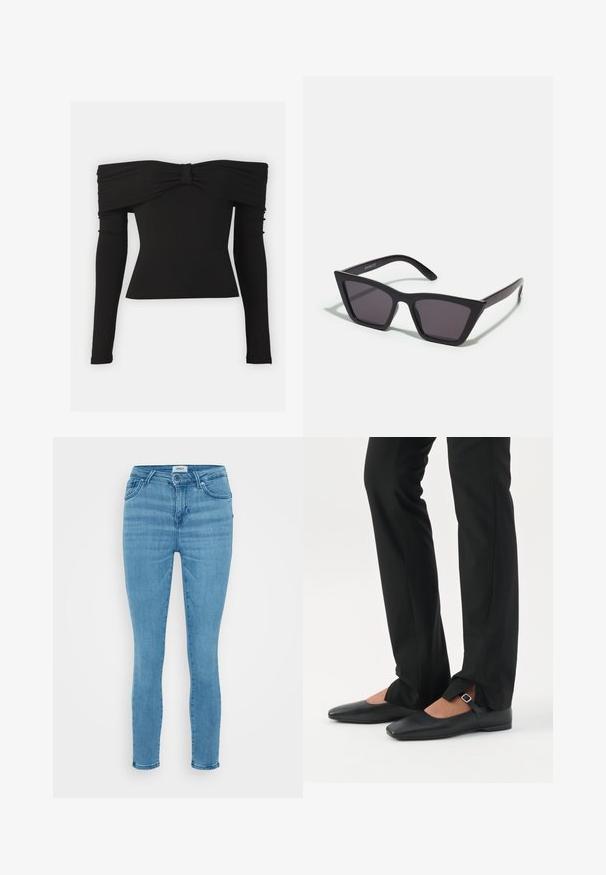 Čierny top s odhalenými ramenami a mašľou na výstrihu, dlhými rukávmi a priliehavým strihom z hladkej, elastickej látky.; Svetlo modré džínsy skinny s hladkým povrchom, tradičným dizajnom piatich vreciek a zapínaním na gombík. Jednoduchý a klasický strih.; Nohy v čiernych priliehavých nohaviciach s prednými rozparkami na leme, v kombinácii s čiernymi plochými topánkami Mary Jane s malým prackovým remienkom.; Čierne, ostré slnečné okuliare so sivými sklami; vyrobené z plastu, majú hrubé ramená s hladkým povrchom a bez viditeľnej mechaniky.