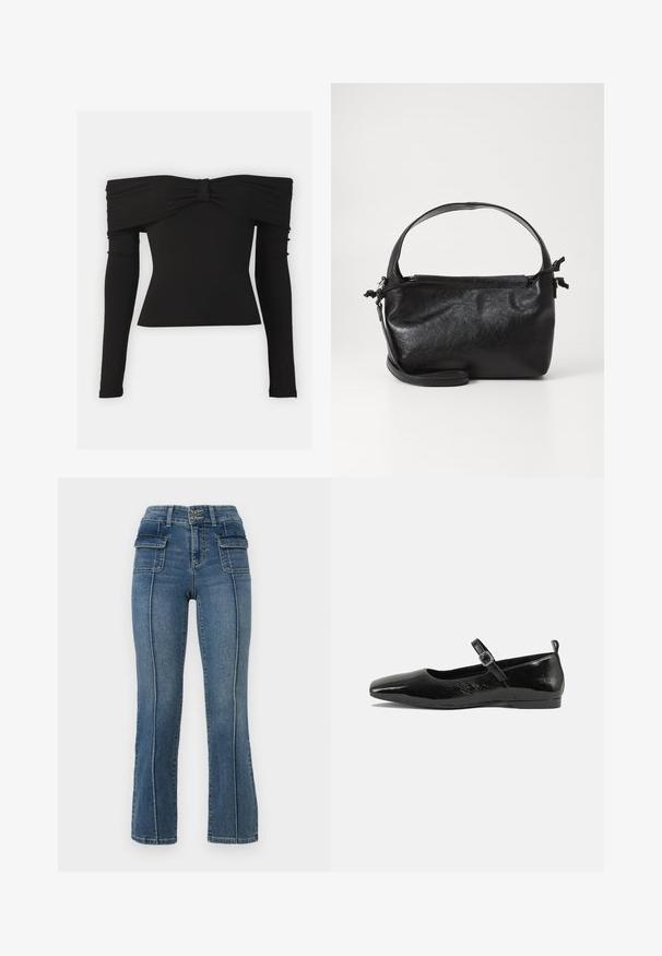 Čierny top s odhalenými ramenami a mašľou na výstrihu, dlhými rukávmi a priliehavým strihom z hladkej, elastickej látky.; ONLY Petite ONLWAUW MID WAIST FLARED - Zvonové džínsy - medium blue denim; Čierne lakované baleríny s špicatou špičkou, remienkom na členku so sponou a hladkým, lesklým povrchom. Nízky podpätok pre pohodlie.; Čierna kožená kabelka so štruktúrovaným dizajnom, okrúhlym horným uchom a odnímateľným ramenným popruhom. Má hladkú textúru a jemný lesk.