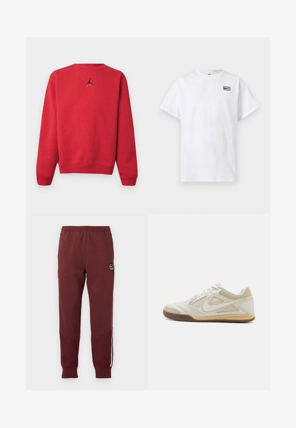 Punane ümmarguse kaelusega dressipluus väikese musta Jumpman'i logoga ja valge "AIR" kirjaga rinnal, soonikkoes varruka- ja alumiste servadega.; Valge lühikeste varrukatega ümara kaelusega T-särk, millel vasakul rinnal väikese musta Nike swoosh logoga ristkülik.; Bordoo dressipüksid kuusnurkse Nike logoga, elastse vöökohtaga, kahe külgtaskuga ja valgete külgtriipudega. Struktuurne kangas ja kitsenev jalgade disain.; Valge sportlik king, millel on tekstuuriga ülemine osa, hallid aktsendid, nööpidega disain ja pruun kummist tall. Ühel küljel on silmapaistev logo.