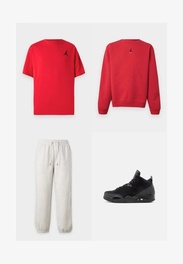 Rød sweatshirt med rund hals med lille sort Jumpman-logo og hvid "AIR"-tekst centreret på brystet, ribkanter ved ærmer og kant.; Rød t-shirt i bomuld med korte ærmer og en sort silhuetlogo på venstre bryst. Rund hals med afslappet pasform.; Lysegrå joggingbukser med elastisk talje, justerbar snøre med røde ender og elastiske manchetter ved anklerne.; Sort høj top sneaker med snørelukning foran, mønstrede sidepaneler, synlig luftsål og polstret ankelkrave på hvid baggrund.
