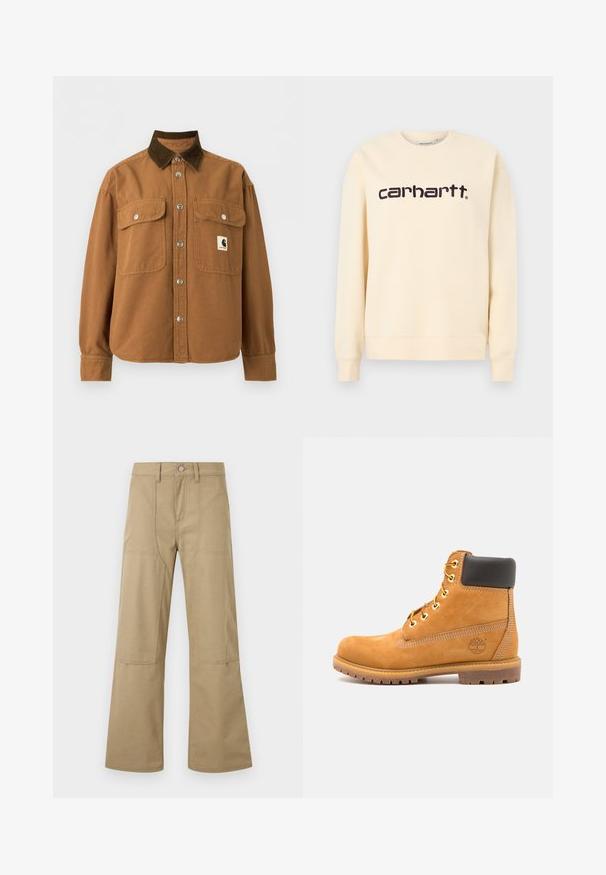 Μπεζ φούτερ Carhartt με στρογγυλή λαιμόκοψη, μακρύ μανίκι και μαύρο λογότυπο "carhartt" στο κέντρο του στήθους.; Καφέ πουκάμισο-σακάκι με γιακά από σκούρο καφέ πατιλέτα, δύο μπροστινές τσέπες με καπάκι και ασημί κουμπιά, και ένα μικρό ορθογώνιο σήμα-έμβλημα στο στήθος.; Μπεζ παντελόνι με ψηλή μέση, φαρδιά μπατζάκια, εμπρόσθιες τσέπες με ραφές, θηλιές για ζώνη και κλείσιμο με κουμπί. Απλό, ανθεκτικό ύφασμα με εμφανείς ραφές.; Καφέ δερμάτινο μποτάκι με μαύρη επένδυση, χρυσές οπές και υφή σόλας. Διαθέτει κυκλικό λογότυπο στο πλάι και ραφές ως διακοσμητικά στοιχεία.