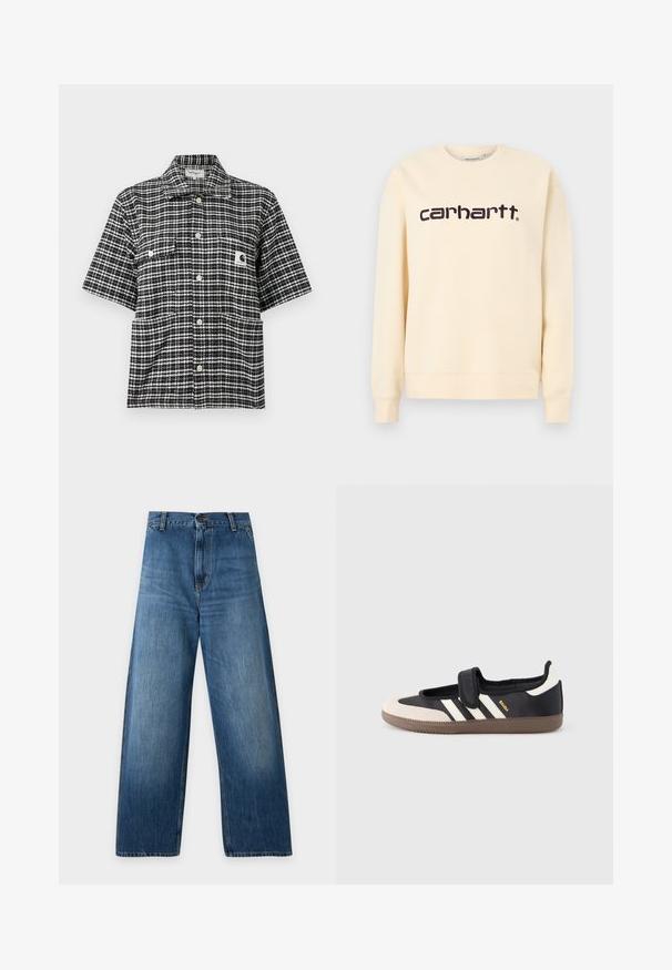 Μπεζ φούτερ Carhartt με στρογγυλή λαιμόκοψη, μακρύ μανίκι και μαύρο λογότυπο "carhartt" στο κέντρο του στήθους.; Μαύρο και άσπρο πουκάμισο με κοντά μανίκια και καρώ σχέδιο, με γιακά και κεντημένη ετικέτα Carhartt στην τσέπη στο στήθος.; Μπλε τζιν παντελόνια με φαρδιά μπάτσα, ψηλή μέση, κλείσιμο με κουμπιά, θηλιές για ζώνη και διακριτική ξεθώριαση στους μηρούς και στα γόνατα.; Μαύρο και μπεζ αθλητικό παπούτσι με λουράκι βέλκρο, τρεις λευκές ρίγες στο πλάι και υφασμένη καφέ πατούσα από καουτσούκ. Ορατό το λογότυπο της μάρκας.