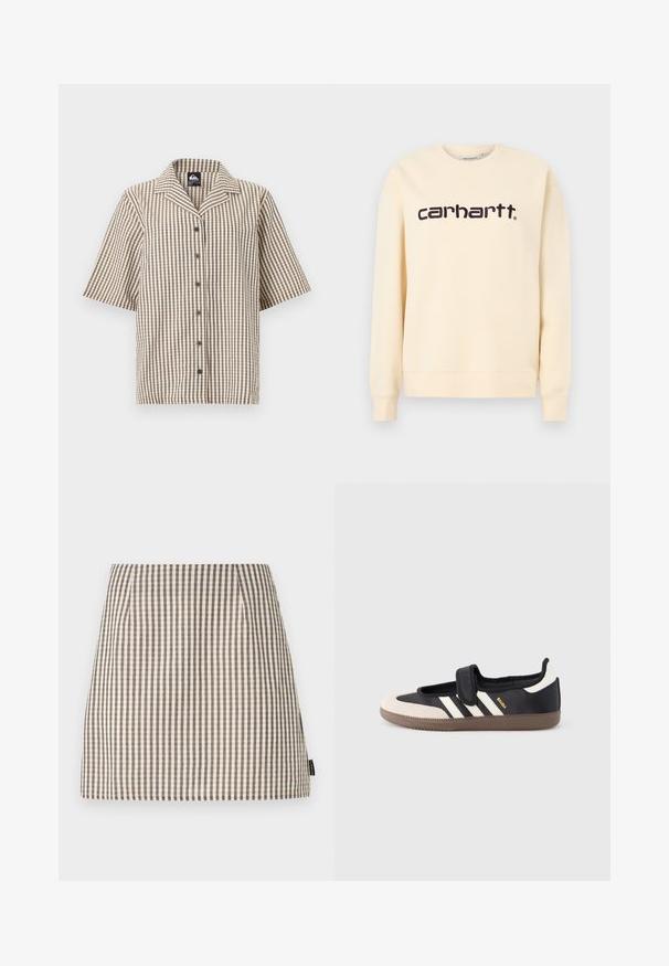 Μπεζ φούτερ Carhartt με στρογγυλή λαιμόκοψη, μακρύ μανίκι και μαύρο λογότυπο "carhartt" στο κέντρο του στήθους.; Πουκάμισο με κοντά μανίκια, κουμπωτό, με καρό σχέδιο σε μπεζ, καφέ και άσπρο χρώμα και γιακά ανοιχτού τύπου.; Μίνι φούστα με ψηλή μέση και μοτίβο καρό σε μπεζ και σκούρο καφέ, ελαφρώς πιετέ μπροστά, με μια μικρή ετικέτα μάρκας στο πλάι.; Μαύρο και μπεζ αθλητικό παπούτσι με λουράκι βέλκρο, τρεις λευκές ρίγες στο πλάι και υφασμένη καφέ πατούσα από καουτσούκ. Ορατό το λογότυπο της μάρκας.
