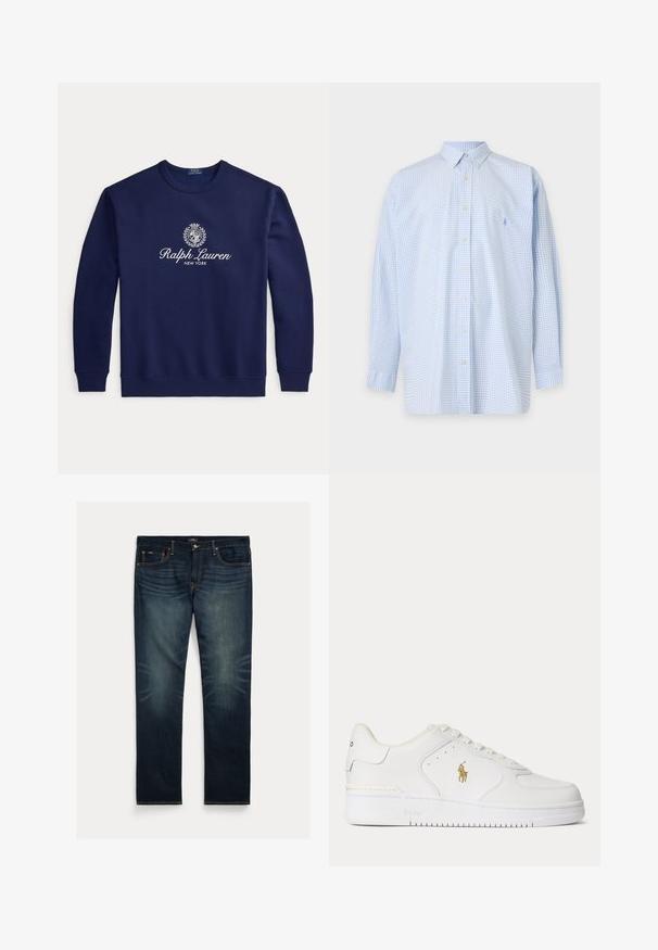 Tmavomodrá mikina s okrúhlym výstrihom, bielym textom "Ralph Lauren New York" a erbovým logom v strede na hrudi, dlhé rukávy, rebrované manžety a lem.; Svetlomodrá košeľa s dlhým rukávom na gombíky s malým kockovaným vzorom a špicatým golierom na jednofarebnom pozadí.; Tmavomodré riflové džínsy s priamym strihom nohavíc, jemným vyblednutím v oblasti kolien a oranžovým prešívaním na vreckách a švoch.; Biele kožené nízke tenisky s bielymi šnúrkami a zlatým logom Polo Ralph Lauren na boku a "Polo" vyrazeným na podrážke.