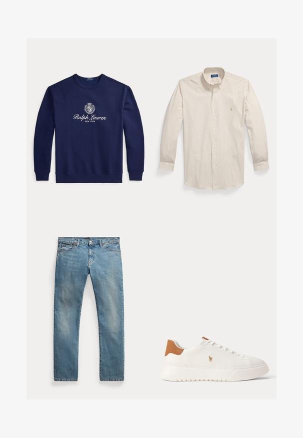 Σκούρο μπλε φούτερ με λευκό κείμενο "Ralph Lauren New York" και λογότυπο με οικόσημο στο κέντρο του στήθους, μακριά μανίκια, ριμπ μανσέτες και τελείωμα.; Μπεζ και λευκό πουκάμισο με κάθετες ρίγες, μακριά μανίκια, γιακά με κουμπιά και μικρό κεντητό λογότυπο στο στήθος.; Ανοιχτό μπλε τζιν με ίσια γραμμή, εμπρόσθιες τσέπες, θηλιές για ζώνη, κλείσιμο με κουμπί και ελαφρώς ξεθωριασμένες λεπτομέρειες.; Λευκό sneaker χαμηλού προφίλ με ταμπά ταμπάκι στη φτέρνα, λευκά κορδόνια και μικρό κεντητό λογότυπο παίκτη πόλο στη πλευρά πάνω από χονδρό πάτο.
