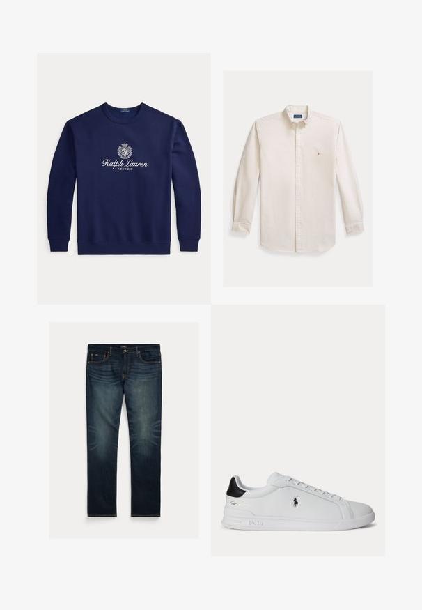 Marineblaues Sweatshirt mit Rundhalsausschnitt, weißem "Ralph Lauren New York"-Text und Wappenlogo mittig auf der Brust, lange Ärmel, gerippte Bündchen und Saum.; Langarm-Hemd mit Knopfleiste aus cremefarbenem Baumwollstoff. Verfügt über einen Kent-Kragen und ein kleines gesticktes Logo auf der Brust. Klassische Passform.; Dunkelblaue Jeans aus Denim mit geradem Bein, dezentem Ausbleichen in Kniehöhe und orangen Ziernähten an Taschen und Nähten.; Weißer Sneaker mit niedrigem Schaft, schwarzem Fersenlasche, Schnürsenkeln und Polo Ralph Lauren Logo an der Seite, mit geprägten Sohlen-Details.