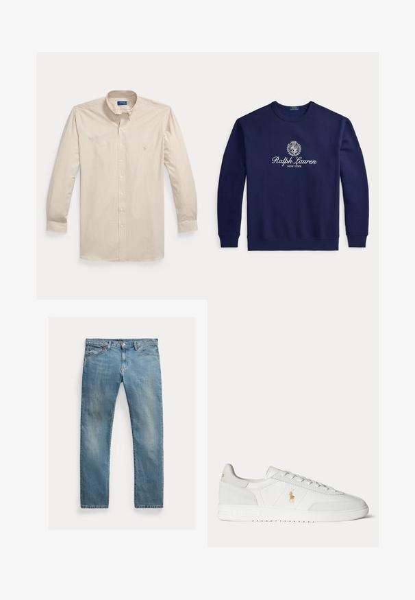 Σκούρο μπλε φούτερ με λευκό κείμενο "Ralph Lauren New York" και λογότυπο με οικόσημο στο κέντρο του στήθους, μακριά μανίκια, ριμπ μανσέτες και τελείωμα.; Πουκάμισο με μακριά μανίκια σε μπεζ και λευκό καρό με γιακά και λογότυπο Polo Ralph Lauren στο αριστερό στήθος.; Ανοιχτό μπλε τζιν παντελόνι με ευθείες γραμμές, κούμπωμα με κουμπιά, πέντε τσέπες, διακριτική φθορά και ραφές ως διακοσμητικά στοιχεία.; Άσπρο χαμηλό sneaker με σχεδιασμό κορδονιών, χρυσό λογότυπο Polo Ralph Lauren στο πλάι και υφασμένο πέλμα σε μονόχρωμο φόντο.
