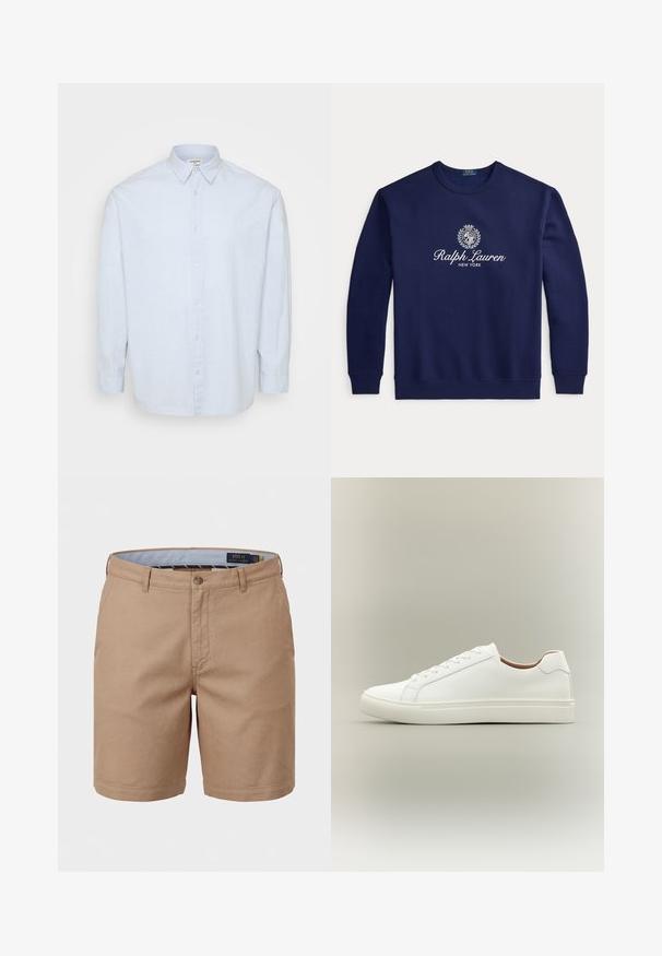 Marineblauwe ronde hals sweater met witte "Ralph Lauren New York" tekst en wapenlogo gecentreerd op de borst, lange mouwen, geribde manchetten en zoom.; Lichtblauwe overhemd met lange mouwen van zacht materiaal, met een klassieke kraag en een rechte snit met knopen aan de voorkant.; Beige chino shorts voor mannen met riemlussen, een knoopsluiting aan de voorkant, zijzakken en een merklogo aan de binnenband, van Polo Ralph Lauren.; Witte lage sneaker met vetersluiting en platte zool, zijwaarts weergegeven op een neutrale achtergrond.