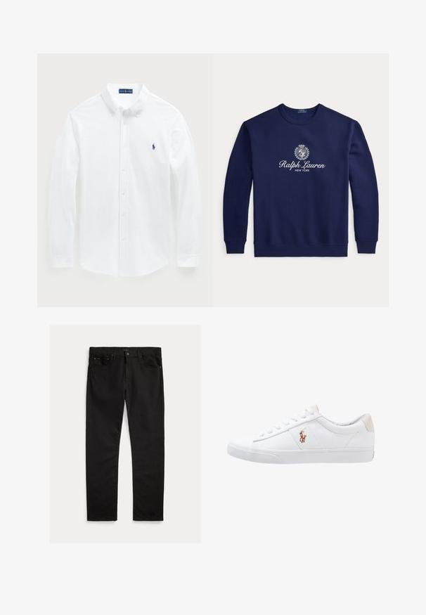 Tmavomodrá mikina s okrúhlym výstrihom, bielym textom "Ralph Lauren New York" a erbovým logom v strede na hrudi, dlhé rukávy, rebrované manžety a lem.; Biela košeľa s dlhým rukávom vyrobená z bavlny, s golierom na gombíky a malým modrým logom polo na hrudníku. Hladká textura, klasický strih.; Čierne džínsy z denimového materiálu s rovnými nohavicami, dizajnom s piatimi vreckami a jemnou textúrou. Detail s kovovým gombíkom a zipsom na prednej strane.; Biele plátenné tenisky s nízkym strihom, ktoré majú béžový opasok na päte a malé vyšívané logo na boku. Gumová podrážka.