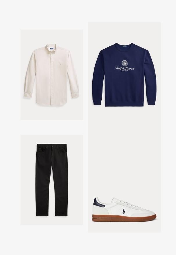 Σκούρο μπλε φούτερ με λευκό κείμενο "Ralph Lauren New York" και λογότυπο με οικόσημο στο κέντρο του στήθους, μακριά μανίκια, ριμπ μανσέτες και τελείωμα.; Πουκάμισο με μακρύ μανίκι και κουμπιά, κατασκευασμένο από κρεμ βαμβακερό ύφασμα. Διαθέτει γιακά τύπου spread και μικρό κεντημένο λογότυπο στο στήθος. Κλασική εφαρμογή.; Μαύρα τζιν παντελόνια με ίσια γραμμή, σχεδίαση πέντε τσεπών και διακριτή υφή. Λεπτομέρεια με μεταλλικό κουμπί και φερμουάρ.; Λευκό sneaker με χαμηλό πάνω μέρος, καφέ σόλα, μαύρο τακούνι, κεντητό λογότυπο παίκτη πόλο και λευκά κορδόνια.