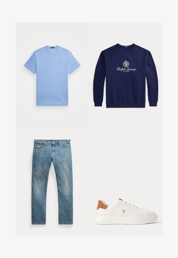 Sudadera azul marino con cuello redondo, texto blanco "Ralph Lauren New York" y logo con escudo centrado en el pecho, mangas largas, puños y bajo acanalados.; Camiseta de manga corta azul claro hecha de una mezcla de algodón. Presenta un cuello redondo y un pequeño logo bordado en el lado izquierdo del pecho.; Vaqueros de mezclilla azul claro de corte recto con bolsillos delanteros, trabillas para cinturón, cierre de botón y detalles ligeramente descoloridos.; Zapatilla blanca de caña baja con lengüeta trasera en color marrón claro, cordones blancos y un pequeño logo bordado de jugador de polo en el lateral sobre una suela gruesa.