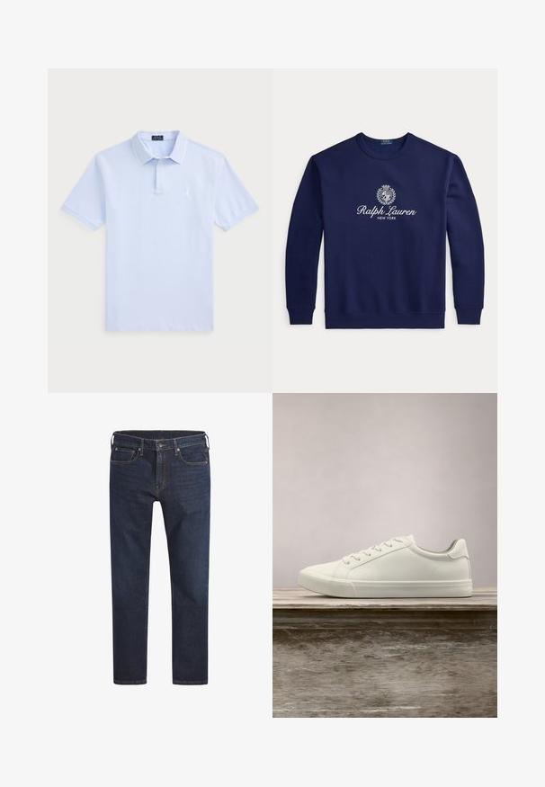 Marineblaues Sweatshirt mit Rundhalsausschnitt, weißem "Ralph Lauren New York"-Text und Wappenlogo mittig auf der Brust, lange Ärmel, gerippte Bündchen und Saum.; Hellblaues Baumwoll-Polohemd mit kurzen Ärmeln, klassischem Kragen, weißen Akzenten und einem kleinen Logo auf der linken Brust.; Dunkelblaue Jeans aus Denim mit geradem Schnitt, Fünf-Taschen-Design und Metallknopfverschluss. Mit kontrastierenden Nähten versehen.; Weiße Schnürsneaker, die über einer Holzbank mit grünem Laub im Hintergrund schweben und das Schuhdesign sowie die Textur zeigen.