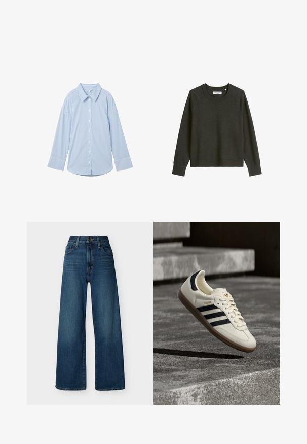 Mørkegrå cropped sweatshirt med rund halsudskæring, lange raglanærmer samt ribbede manchetter og kant. Lavet af blødt bomuldsstof.; Lys blå skjorte med knapper, hvide lodrette striber, lange ærmer, klassisk krave og afrundet kant. Lavet af et glat stof.; Blå denimjeans med høj talje og vide ben, forstærket med knap- og lynlåslukning foran, bæltestropper og forlommer på en ensfarvet baggrund.; Hvid Adidas Samba sneaker med sorte striber og gummsål, svævende over teksturerede grå betonstrin.