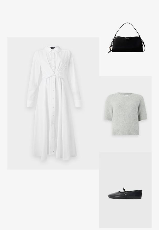 Hellgrau, kurzärmliger Pullover aus weichem, samtigem Material mit rundem Halsausschnitt und geripptem Saum. Minimalistisches Design ohne Muster oder Akzente.; Weißes Langarmhemdkleid mit Kragen, Knopfleiste und geknotetem Taillendesign; hat einen fließenden, geraden Schnitt und eine weiche Textur.; Schwarze Leder-Ballettschuhe mit spitzem Schuhzeug, flacher Sohle und einem kleinen Riemen mit silberner Schnalle.; Schwarze, rechteckige Calvin Klein Handtasche mit einem einzelnen Tragegriff oben, silbernem Logo-Anhänger und kleinem Klappverschluss auf der Vorderseite.