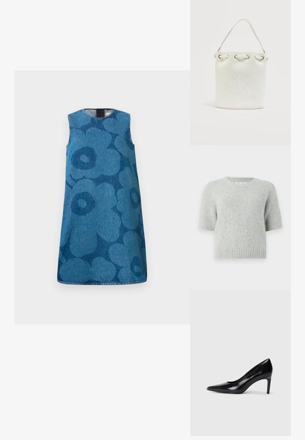 Suéter corto de manga corta en gris claro, fabricado con un material suave y esponjoso, con escote redondo y ribete acanalado. Diseño minimalista sin patrones ni acentos.; Vestido de mezclilla sin mangas con un patrón de flores en diferentes tonos de azul. Presenta un escote redondo y un corte recto.; Zapato de tacón alto de cuero negro con punta afilada, textura suave y tacón en forma de cono. Diseño minimalista, sin adornos adicionales.; Bolso tipo cubo blanco con asa corta, ojales plateados y logo "cK" en relieve en el frente.