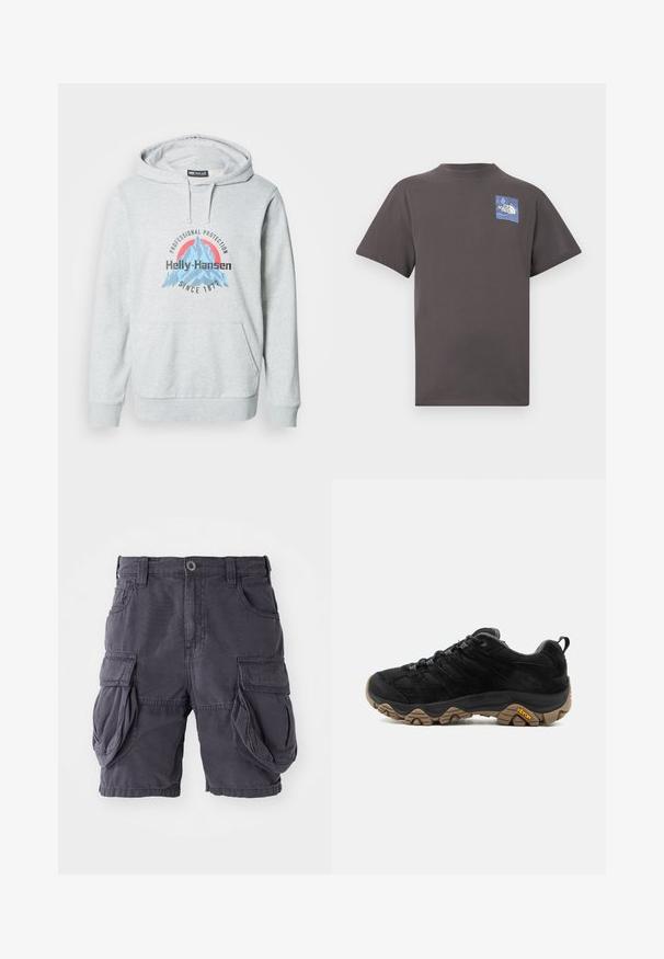 Helehall hall kapuutsi ja ees taskuga dressipluus, millel on sinise ja roosa graafilise logoga tekstiga "Professional Protection" ja "Helly-Hansen".; Tumehall lühikeste varrukatega T-särk, millel on vasaku üla-rinna piirkonnas väike sinise ja valge värviga The North Face'i logo.; Tumedast hallist puuvillast valmistatud cargo-šortsid, millel on klassikaline lõige, mitmed küljetaskud ja ees nupuga sulgemine. Sile tekstuur.; Mustad matkasaapad, millel on robustne pruun Vibrami talla, võrgust ja seemisnahast pealmine osa, paeltega kinnituv disain ja tagumine tõmmits, näidatud välisküljelt.