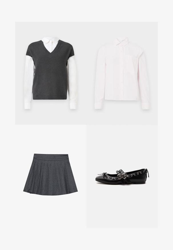 Mørkegrå strikket sweater med V-hals-design, der har korteærmer over en hvid kravebluse. Teksturen er ribbet med et lagdelt look.; Lyserød langærmet skjorte med knaplukning, krave og en enkelt brystlomme, vist på en hvid baggrund.; Grå stribede skater nederdel med en tætsiddende talje, udformet i A-linje og en blød stofstruktur. Lodrette linjer øger den visuelle interesse.; Sort flad balletsko med dobbelt spænde, sølvøjer og en lille sløjfe nær den runde tå på en hvid baggrund.