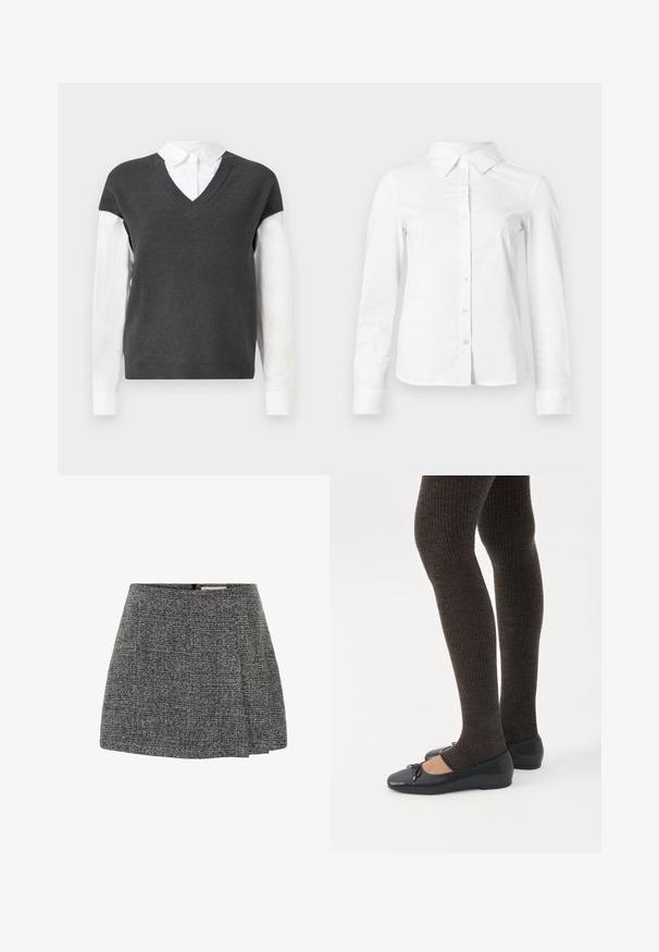 Pull en maille gris foncé avec un décolleté en V, présentant des manches courtes au-dessus d'une chemise blanche à col. La texture est côtelée, avec un aspect superposé.; Chemise blanche à manches longues avec boutons, col pointu, ourlet droit et silhouette ajustée, présentée sur un fond clair uni.; Jupe grise texturée avec un design plissé, munie d'une fermeture éclair à l'arrière. Le matériau présente un motif tissé, créant un léger effet de profondeur.; Jambes portant des leggings côtelés foncés associés à des ballerines noires avec de petits détails en nœud sur fond blanc.